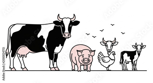 Farm animals illustration including cow pig chicken goat.