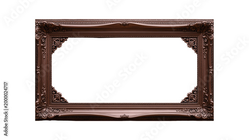 An isolated antique brown wooden picture frame with a rustic gold border design provides a blank vintage space for an old photo or art painting object