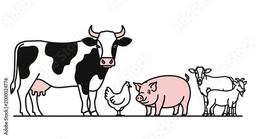 Farm animals including cow pig chicken and goats standing together.