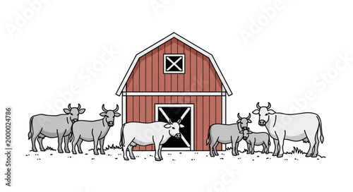 Farm barn with a herd of cattle standing outside.