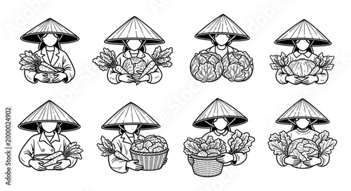 Farmers wearing conical hats holding fresh vegetables in a sketch style.