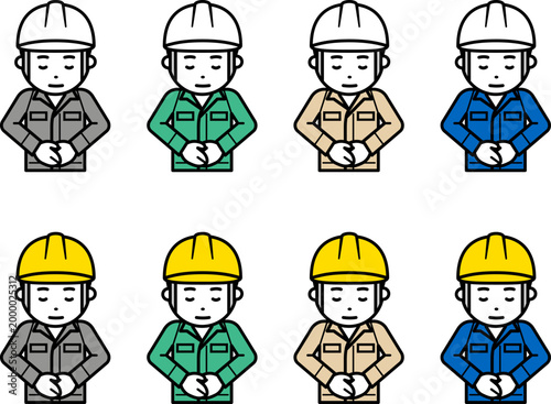 頭を下げるヘルメットと作業服を着用した男性のアイコン。その2