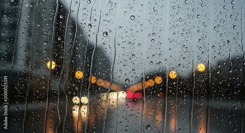 Rainy city street view through wet windowpane with blurred lights