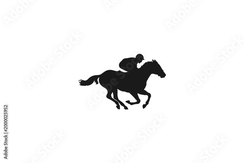 Horse racing silhouette with jockey running isolated on white
