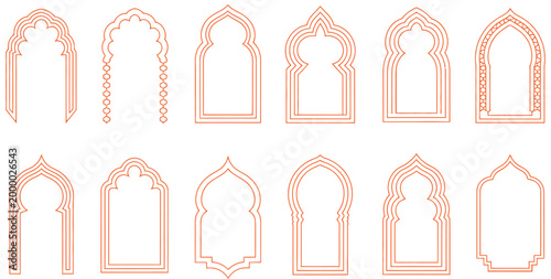 Arabian Ramadan boho arch frames collection, vector minimal line pattern, Muslim mosque window and door arches, Islamic moon, star decorations, aesthetic boho ornaments