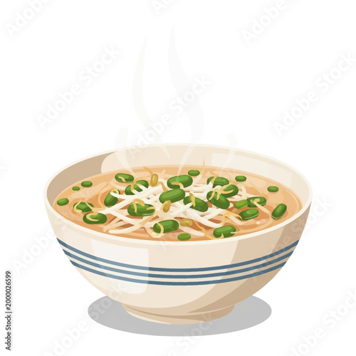 Vector illustration of a steaming ceramic bowl with blue stripes containing hot broth topped with fresh mung bean sprouts and green vegetables isolated on a white background.