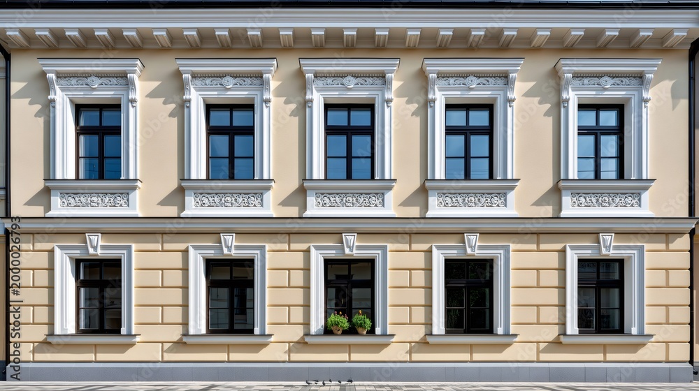Obraz premium Classical building facade with decorative windows and architectural details