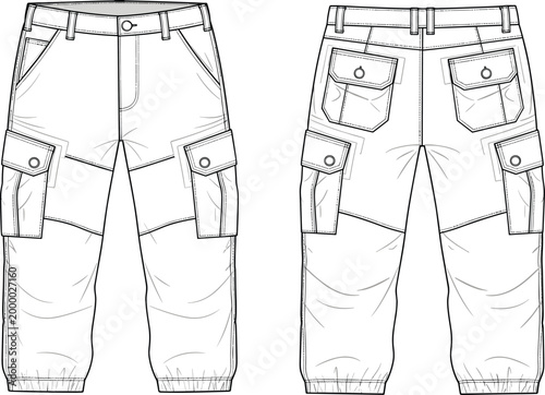 Cargo pants technical flat sketch front and back view utility trousers with multiple pockets detailed casual apparel design illustration
