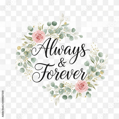 Always and forever wedding floral wreath text design
