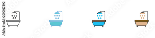 Bathtub and shower head icon set for bathroom interior design. Vector illustration of bath time, hygiene, and self-care symbols in flat and outline styles.