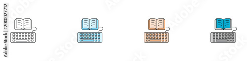 Online learning and e-book icon set with keyboard and open book. Vector illustration of digital education, virtual library, and distance study symbols in flat and outline styles.
