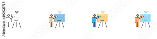 Business presentation and online training icon set. Vector illustration of a person pointing to a whiteboard with wireless signal, representing seminars, virtual coaching, and academic teaching.