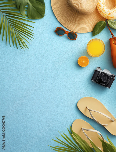 Summer Travel Essentials Flat Lay on Blue Background with Copy Space