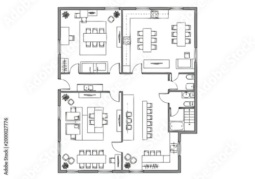 Architectural floor plan depicting a multi room residential layout with furniture placement in living dining and kitchen areas illustrating space utilization and interior design concepts for