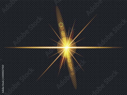 Golden star lens flare with optical light leak effect. Vector illustration of bright yellow sparkling sunburst, glowing starburst, and transparent sunbeam for luxury background design.