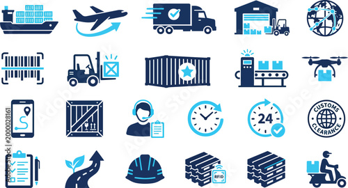 Logistics and Shipping Icon Set, Global Supply Chain and Delivery Vector Symbols, Duo-tone Blue Icons for Freight, Warehouse, Dropshipping, Customs Clearance and Cargo Transportation