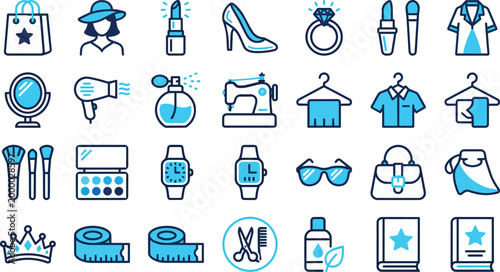 Fashion and Beauty Icon Set, Lifestyle and Cosmetics Vector Symbols, Duo-tone Blue Icons for Makeup, Clothing, Jewelry, Hairdressing, Tailoring, and Luxury Accessories Collection