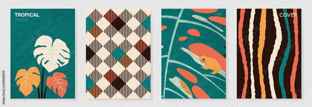 Fototapeta premium Tropical poster vector set. Retro jungle background with monstera leaves, frog illustration, diamond pattern and hand drawn stripe cover design.