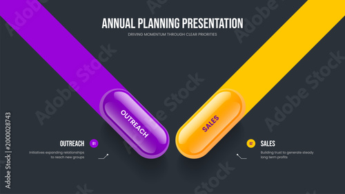 Enterprise Introduction 2 Element Infographic Slide Design. Investor Analysis Two Option Diagram Frame Layout. Company Proposal Slideshow Template Vector Illustration.