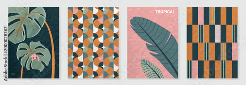 Tropical pattern vector set with monstera leaves, floral background, geometric tile and striped plaid design. Colorful summer collection for poster, wallpaper, fabric, packaging and digital paper.	