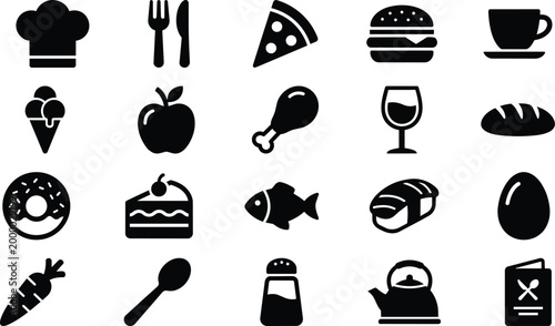 Food and Restaurant Icon Set, Gastronomy and Cuisine Vector Symbols, Minimalist Black Silhouettes for Menu Design, Cafe Branding, Bakery, and Online Food Ordering Collection