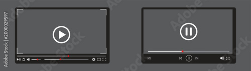 Video player interface design with play and pause buttons for streaming media playback featuring progress bar time indicators volume controls and full screen options on dark grey background.