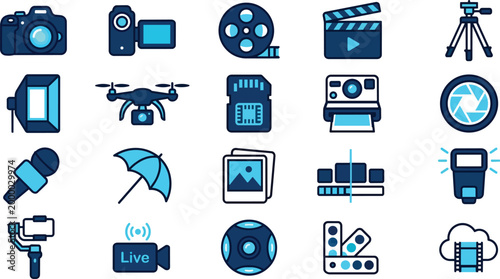 Photography and Videography Icon Set, Cinematography and Content Creation Vector Symbols, Duo-tone Blue Icons for DSLR Camera, Drone Filming, Studio Lighting, and Digital Media Production Collection