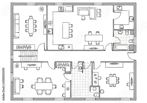 Detailed architectural floor plan drawing illustrating the layout of a residential dwelling showing rooms furniture placement plumbing fixtures and overall structure for real estate development