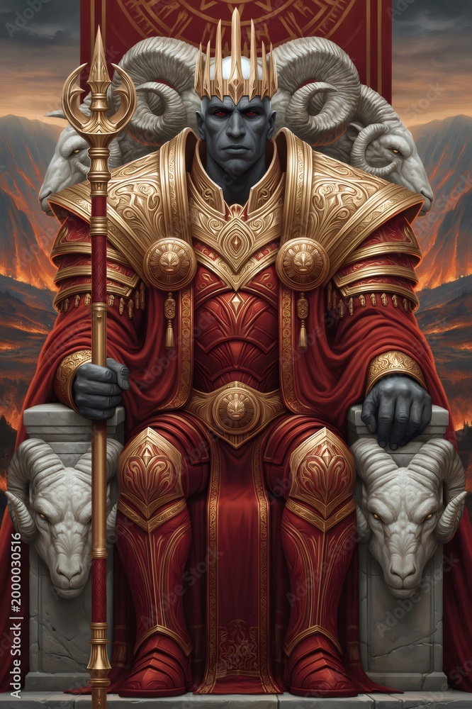 Fototapeta premium Dark king sitting on throne in volcanic landscape