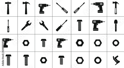 Construction tools and hardware icon set including hammer drill screwdriver wrench bolts and nuts, flat silhouette vector collection for industrial design