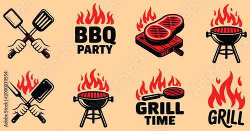 Barbecue grill labels and badges, restaurant menu design elements, BBQ emblem set, classic food logo branding package, vector illustration.