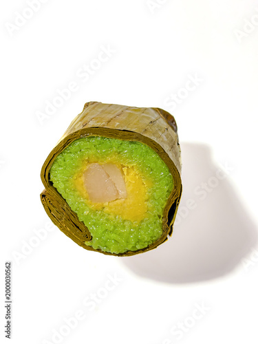 Close Up Vietnamese Banh Tet Slice – Pandan Sticky Rice Roll with green Bean Filling