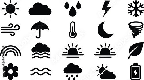 Weather and Climate Change Line Icon Set: Vector Symbols for Sun, Rain, Storm, & Global Warming. Blue Meteorology Icons featuring Tornado, Flood, Melting Ice, Satellite, & Weather Forecast Tools.