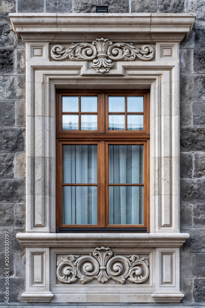 Fototapeta premium Ornate carved stone window frame on old building facade