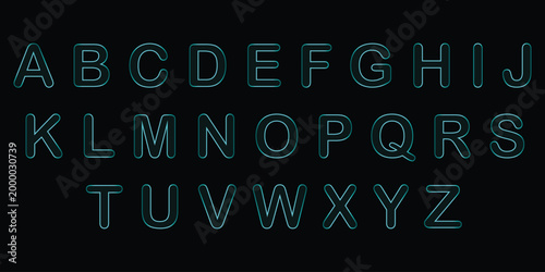 Sky blue glass font alphabet set, glowing outline neon letters on black background, futuristic glossy typography, modern creative uppercase character design.