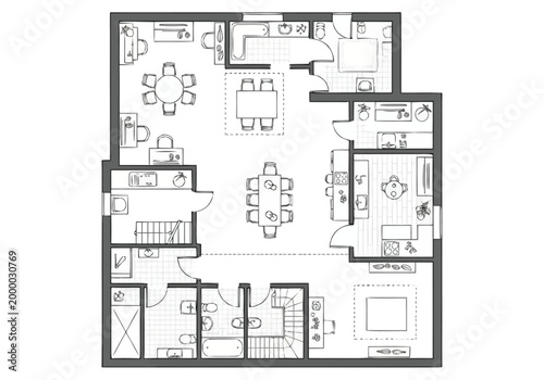 Detailed architectural floor plan layout for a multi room residential dwelling showcasing furniture placement and spatial arrangement ideal for real estate development and interior design