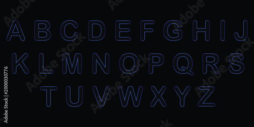 Blue glass glow alphabet neon letters set on black background, futuristic typography collection for technology, gaming, modern brand identity vector illustration.