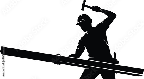 Construction worker silhouette hammering wood plank industrial labor scene builder carpenter icon vector illustration isolated on white background