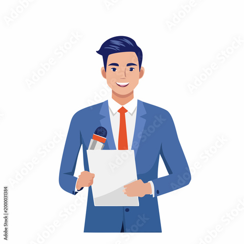 Man in Suit Holding Microphone and Paper