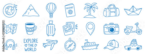  a large collection of travel doodle hand drawn icon set. Outline drawing travel tourism line clipart symbols