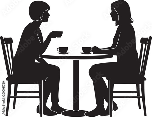 Two women silhouettes sitting at a table with teacups black and white vector illustration