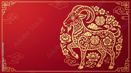 Elegant Chinese New Year artwork,Chinese Lunar New Year of the Goat 2027, 2027 new year,A gold goat on a red chinese new year card for 2027