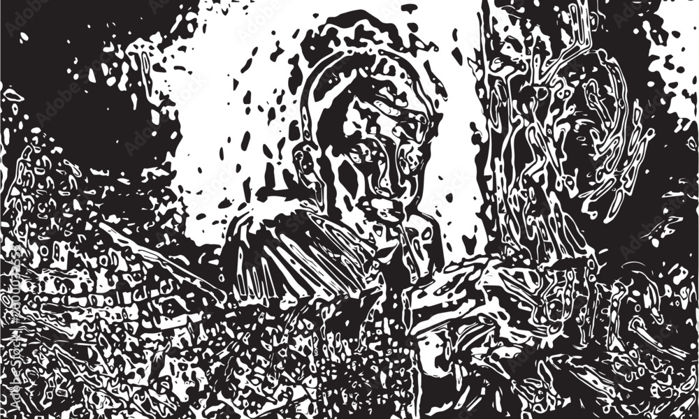 Fototapeta premium Vintage hand drawn sketch of an ancient man and a black wolf face in a vector art illustration