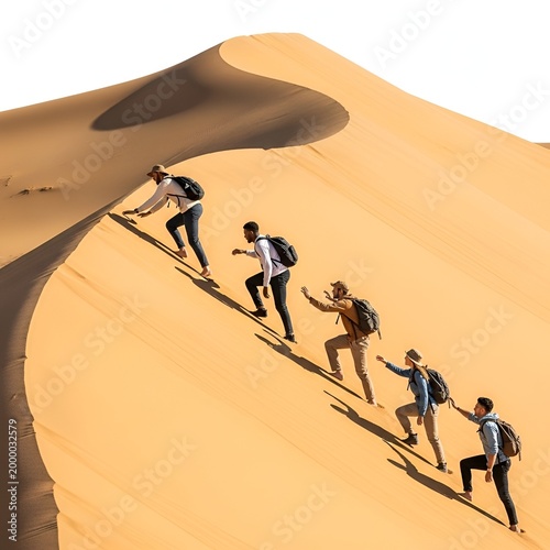 Friends climbing sand dunes in desert landscape