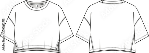 Cropped t shirt technical flat sketch front and back view short sleeve boxy fit casual apparel design illustration