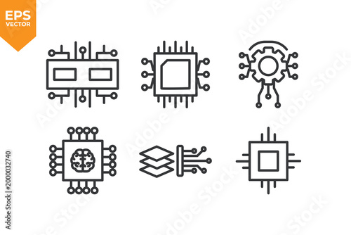 Set of line icons related to Processor, Machine Learning. Vector illustration.