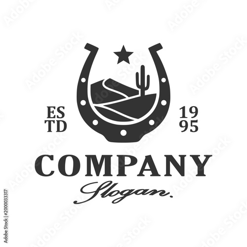 Vintage Logo horseshoe cowboy ranch western and desert with cactus design vector illustration