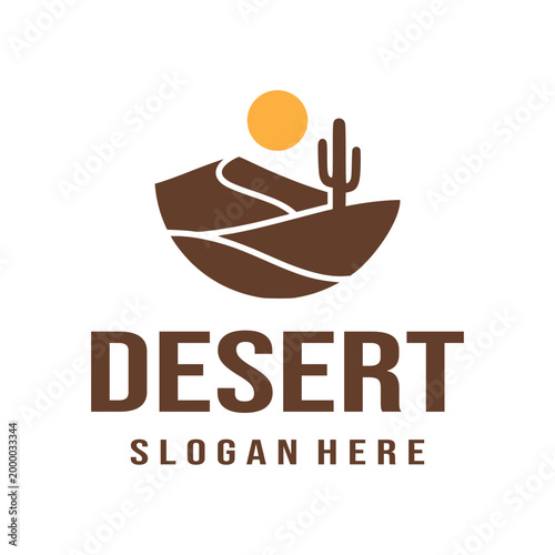 Modern Desert Landscape Logo with Sand Dunes and Cactus Silhouette under Sun for Outdoor Adventure and Nature Branding Vector Icon Illustration