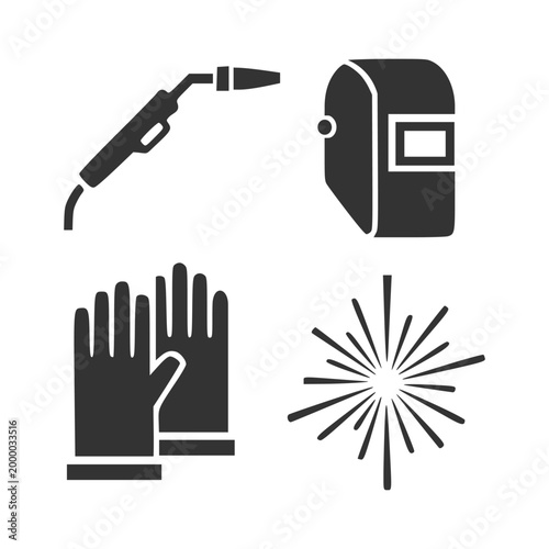 Industrial Welding Equipment Set with Torch Mask Gloves and Spark Silhouette for Metalwork Construction and Safety Branding Vector Icon Logo Illustration
