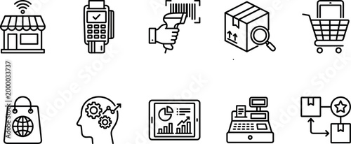 Ecommerce and Retail Technology Outline Icon Set for Online Shopping and Business Applications